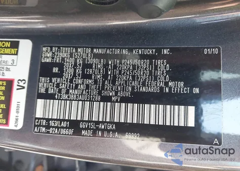 2010 Toyota Venza Base V6 z USA, uszkodzony, nr VIN 4T3BK3BB3AU031288
